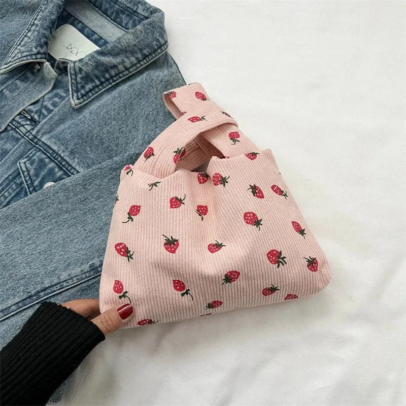 🍓 Adorable Strawberry Delight Tote Bag 🌟 Cute Corduroy Handbag for Trendy Ladies!