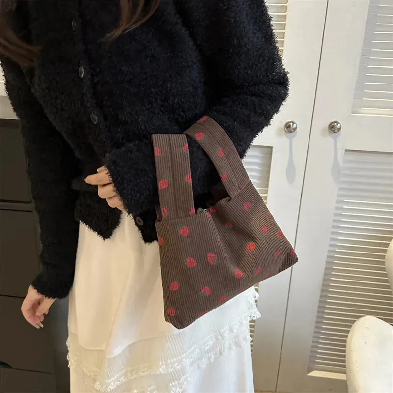 🍓 Adorable Strawberry Delight Tote Bag 🌟 Cute Corduroy Handbag for Trendy Ladies!