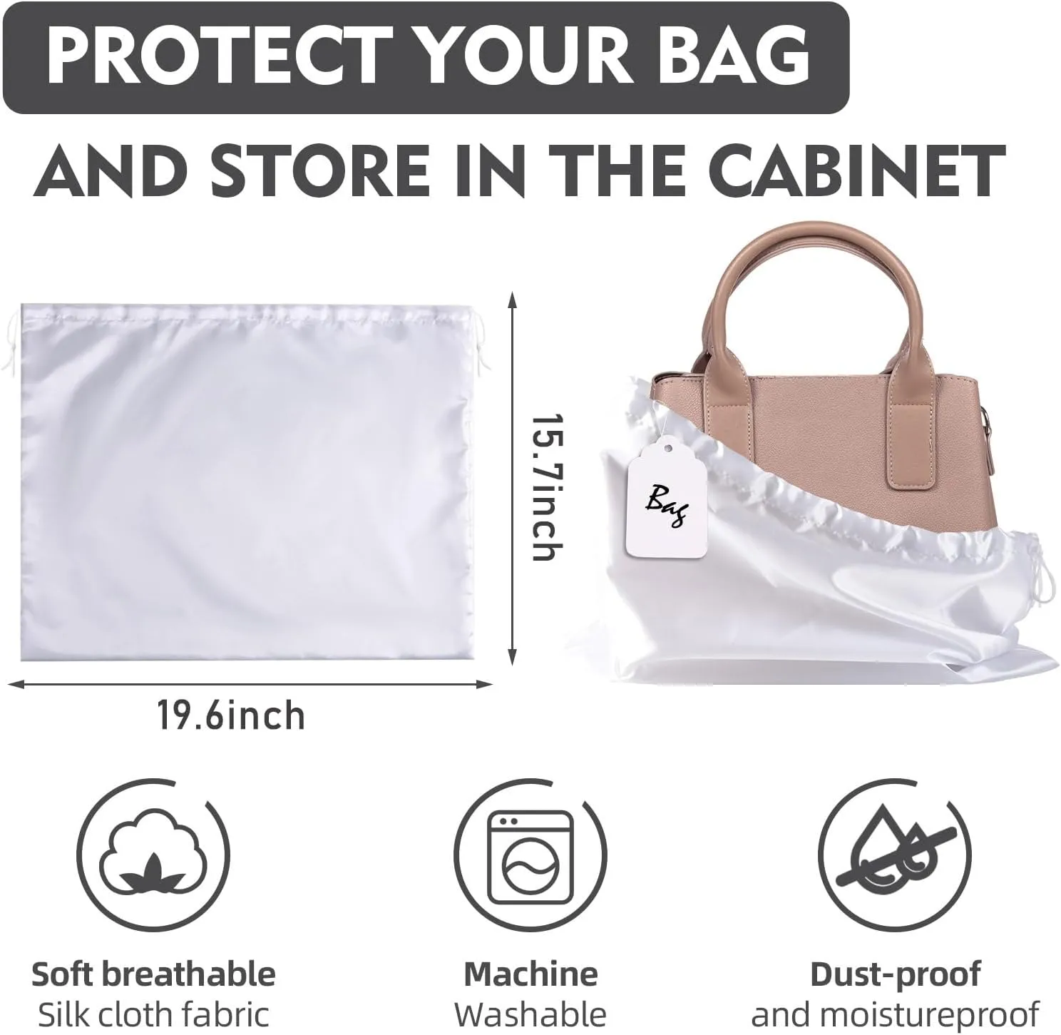 10 Pack Dust Bags for Handbags, Shoe Dust Bags for Purses, Silk Cotton Purse Cover Storage Bag(White, L-23.6 × 19.6 in)