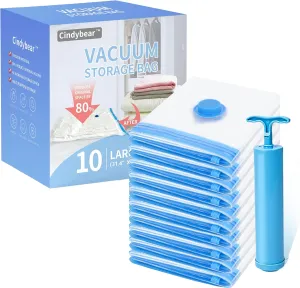 10 Pack Large Space Saver Bags, Cindybear Vacuum Storage Bags with Hand Pump, Vacuum Seal Bags for Travel Luggage, Comforters, Blankets, Clothing, Pillows and Bedding