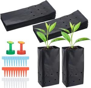 100 Pcs 11.6x4.7 Inches PE Seedling Bag Plastic Plants Nursery Grow Bags Nursing Growing Pouch Tree Seedling Cup Bonsai Plant Bag with 30 Pcs Labels and 2 Pcs Mini Hand Portable Watering Sprinkler