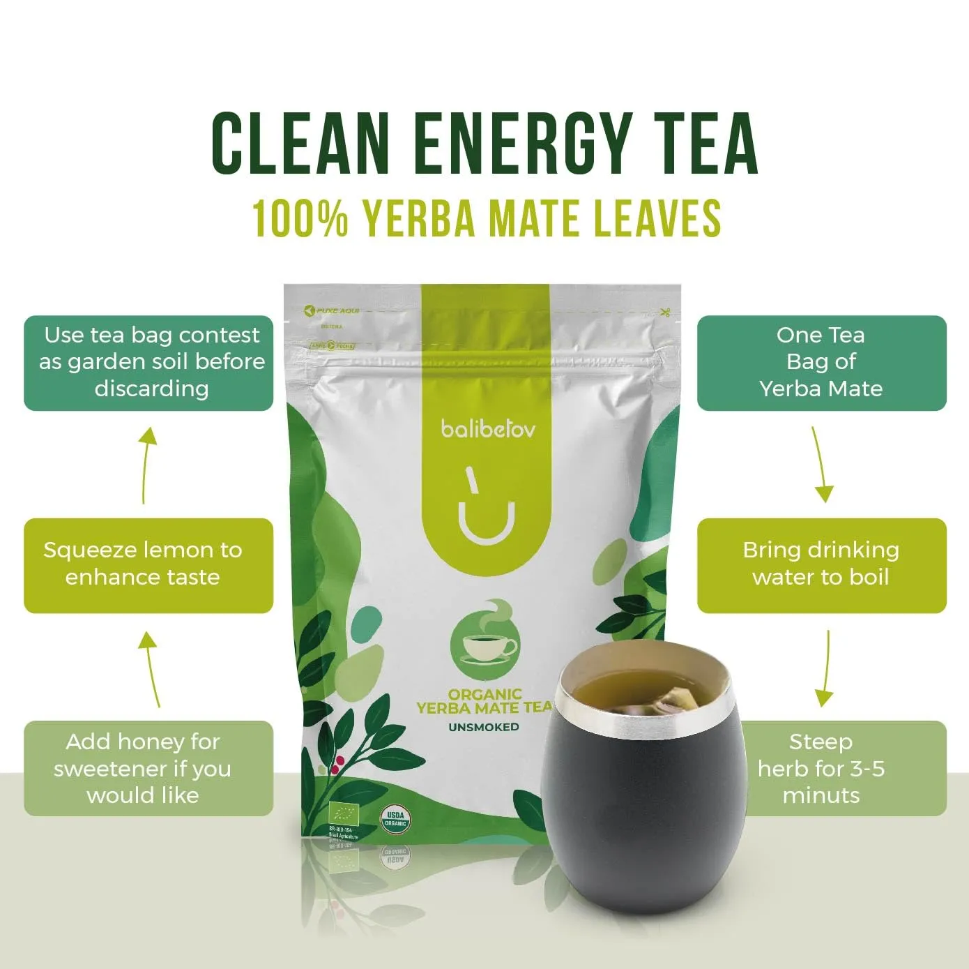 100 Unsmoked Organic Yerba Mate Tea Bags, Organic Yerba Mate Tea, Alternative to Tea, Coffee and Energy Drinks (100 Tea Bags (1 Pack))