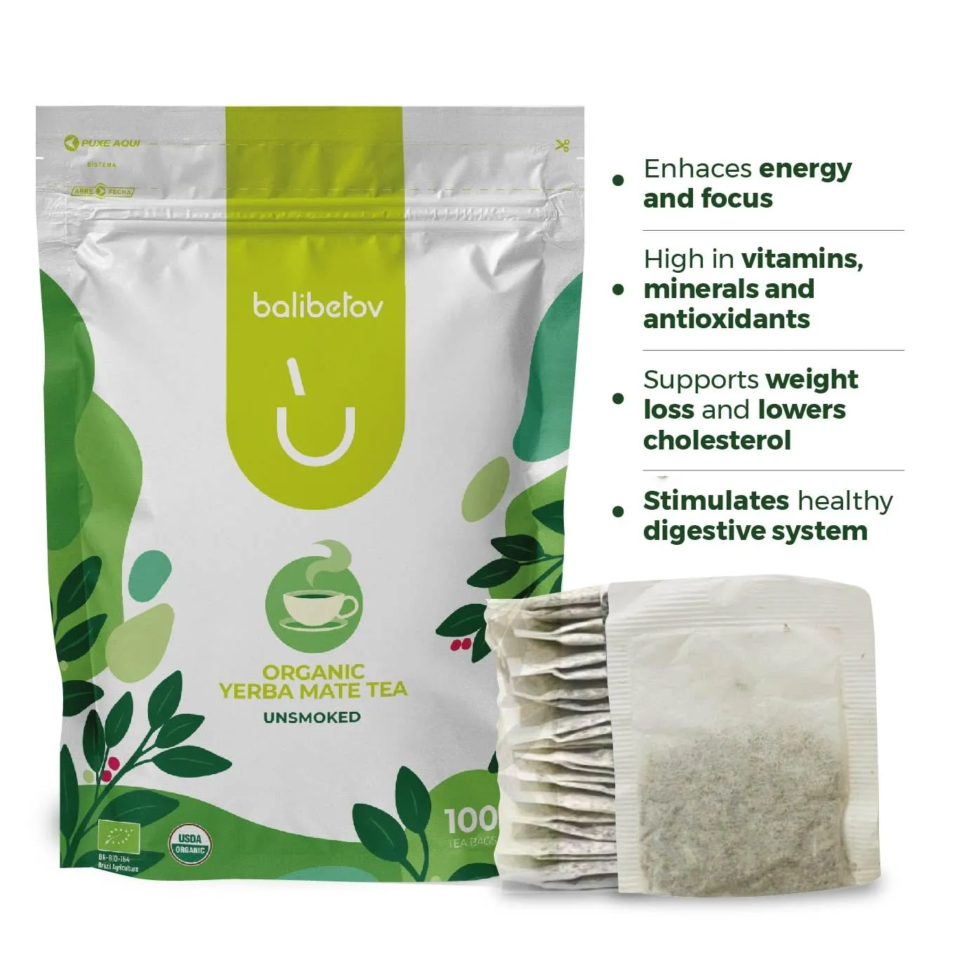 100 Unsmoked Organic Yerba Mate Tea Bags, Organic Yerba Mate Tea, Alternative to Tea, Coffee and Energy Drinks (100 Tea Bags (1 Pack))