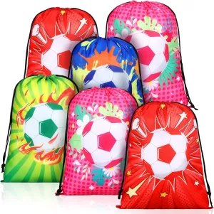 12 Pcs Soccer Drawstring Bag Colorful Sports Goodie Party Favor Bags Candy Treat Gifts Backpack for Girls Women Party Supplies