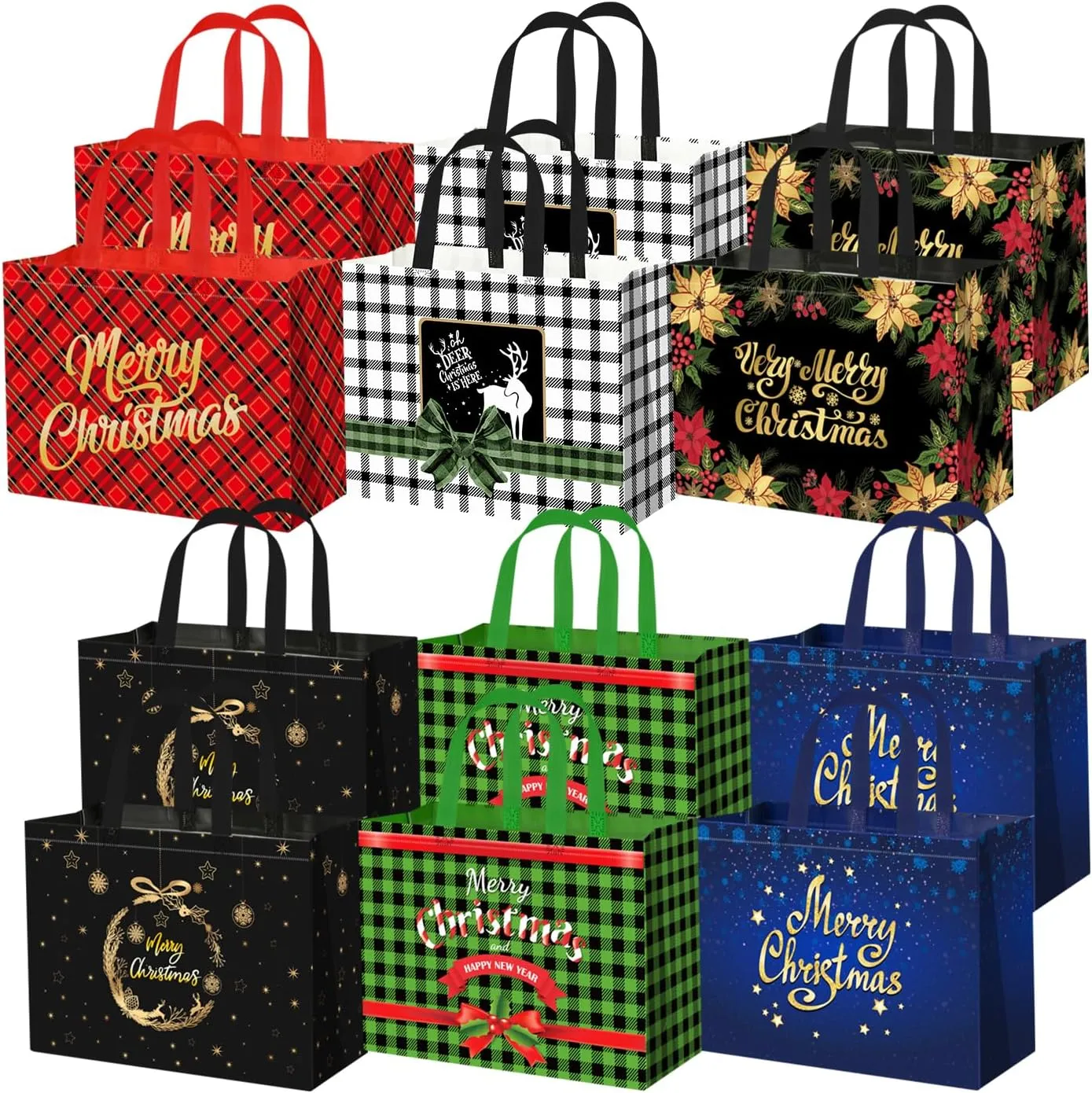 12Pack Extra Large Christmas Gift Bags, 16.5"×12.6"×7.2" Reusable Non-Woven Christmas Tote Bags with Handles, Multifunctional Christmas Bags for Gifts, Xmas's Party Supplies, New Year, Shopping