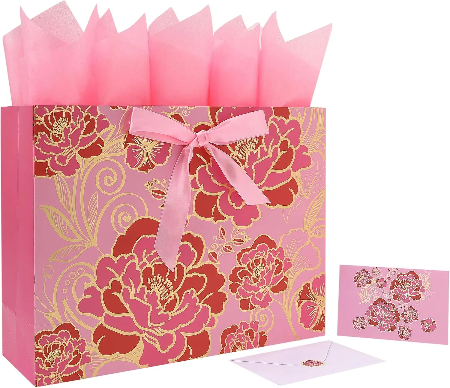 16.5" Extra Large Rose Pink Gift Bag Set with Greeting Card and Tissue Paper(Foil Traced Flowers) for Celebrating Birthdays, Mother's Day, Weddings, Anniversary, Valentine's Day - 16.5”x5.5”x12.6”, 1 Pcs.
