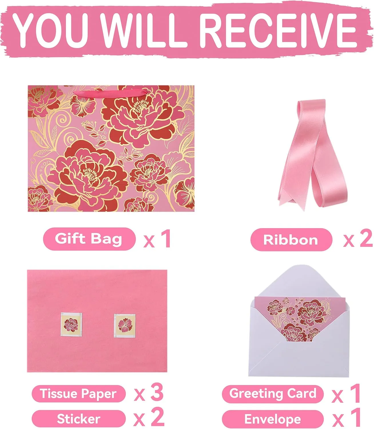 16.5" Extra Large Rose Pink Gift Bag Set with Greeting Card and Tissue Paper(Foil Traced Flowers) for Celebrating Birthdays, Mother's Day, Weddings, Anniversary, Valentine's Day - 16.5”x5.5”x12.6”, 1 Pcs.