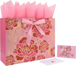 16.5" Extra Large Rose Pink Gift Bag Set with Greeting Card and Tissue Paper(Foil Traced Flowers) for Celebrating Birthdays, Mother's Day, Weddings, Anniversary, Valentine's Day - 16.5”x5.5”x12.6”, 1 Pcs.