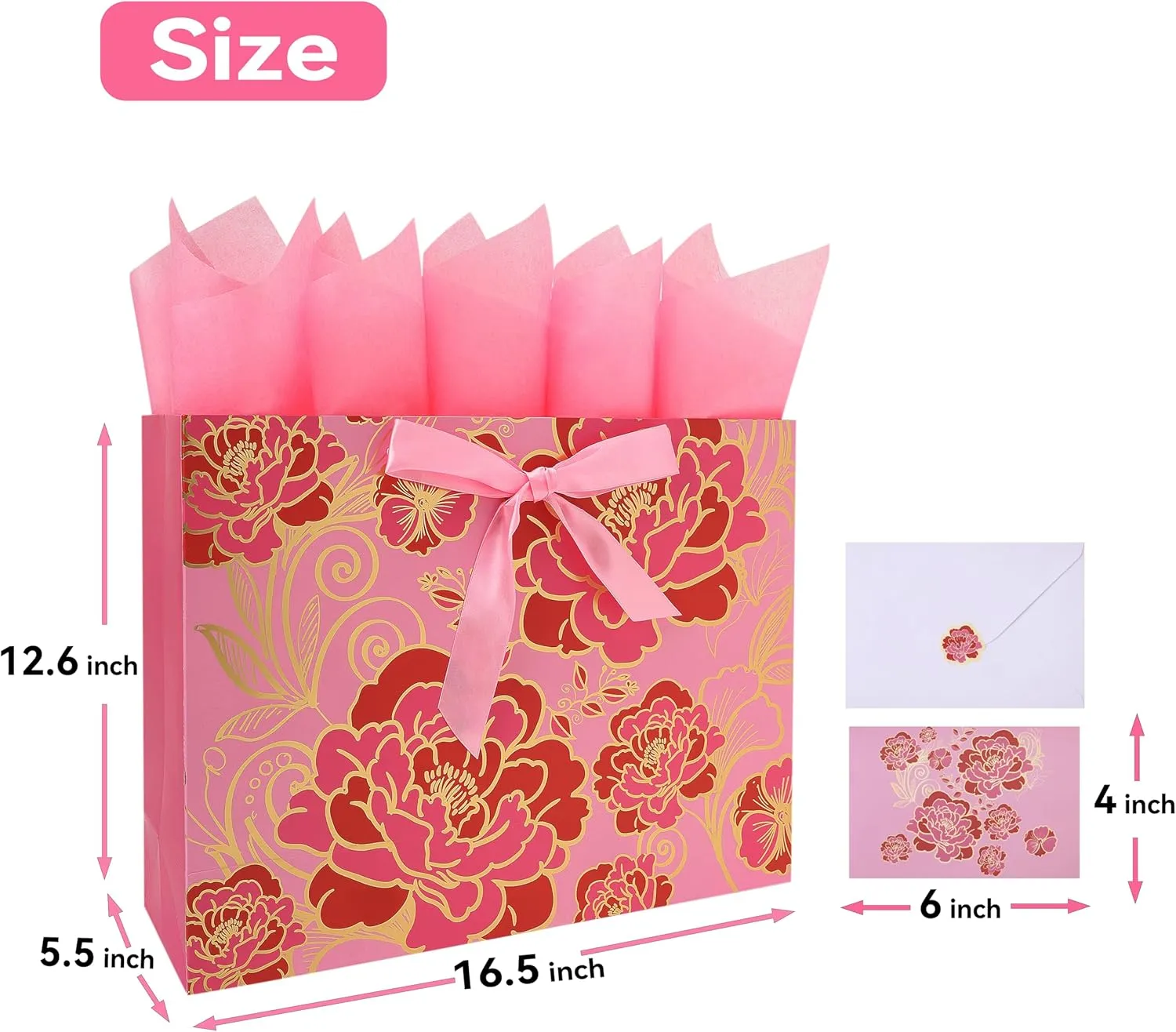 16.5" Extra Large Rose Pink Gift Bag Set with Greeting Card and Tissue Paper(Foil Traced Flowers) for Celebrating Birthdays, Mother's Day, Weddings, Anniversary, Valentine's Day - 16.5”x5.5”x12.6”, 1 Pcs.