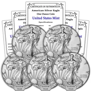 1986 - Present (Random Year) Lot of (5) 1 oz Silver American Eagle Coins Brilliant Uncirculated (Type 1 or 2) with Certificates of Authenticity $1 Seller BU