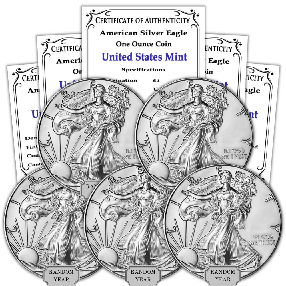 1986 - Present (Random Year) Lot of (5) 1 oz Silver American Eagle Coins Brilliant Uncirculated (Type 1 or 2) with Certificates of Authenticity $1 Seller BU