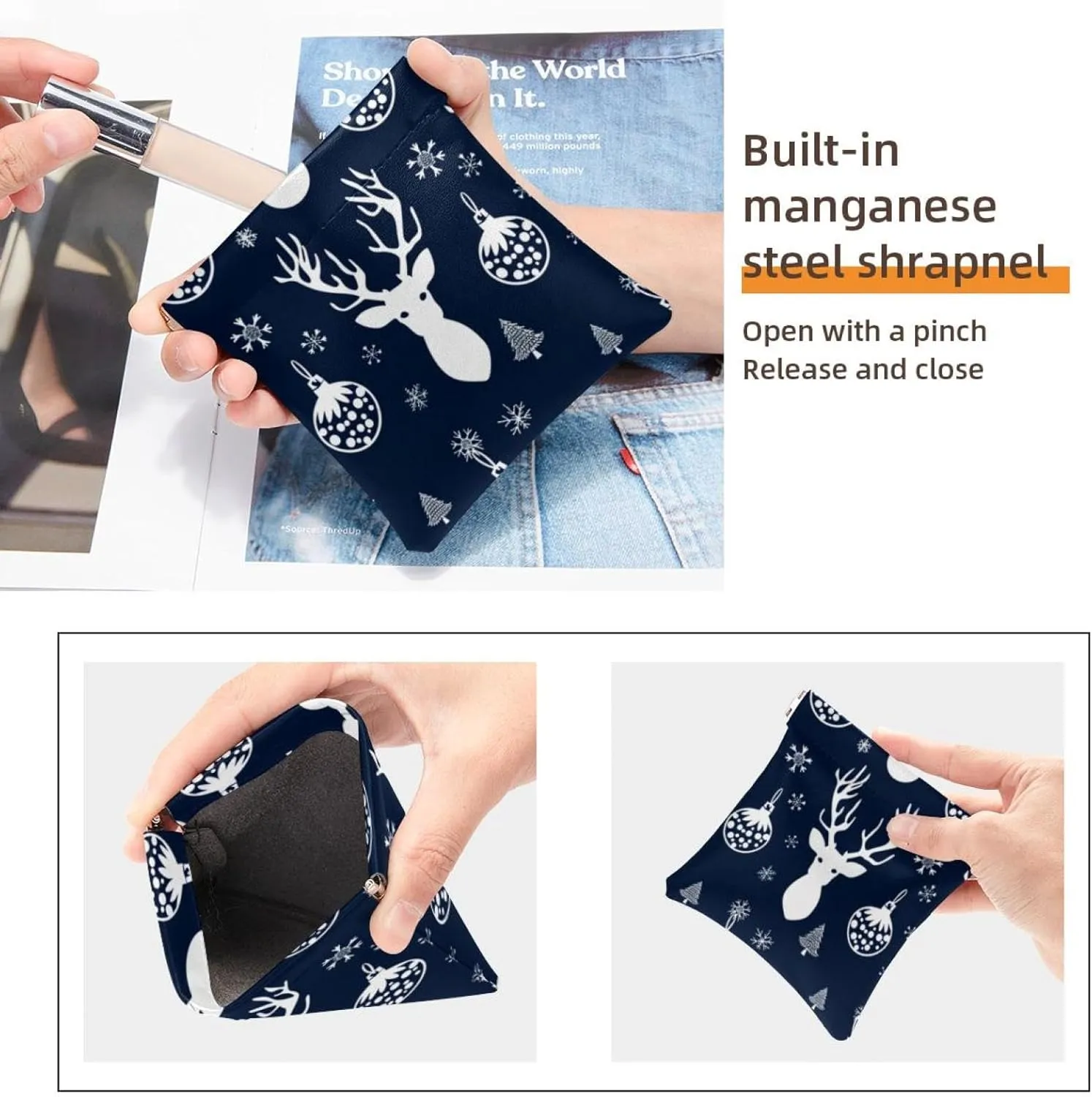 2 Pack Faux Leather Pocket Cosmetic Bag, Small Makeup Pouch for Purse, Self-Closing Pouches for Purse, Travel Makeup Bag for Cosmetics Jewelry, Christmas Snowflake Elk Gift Blue