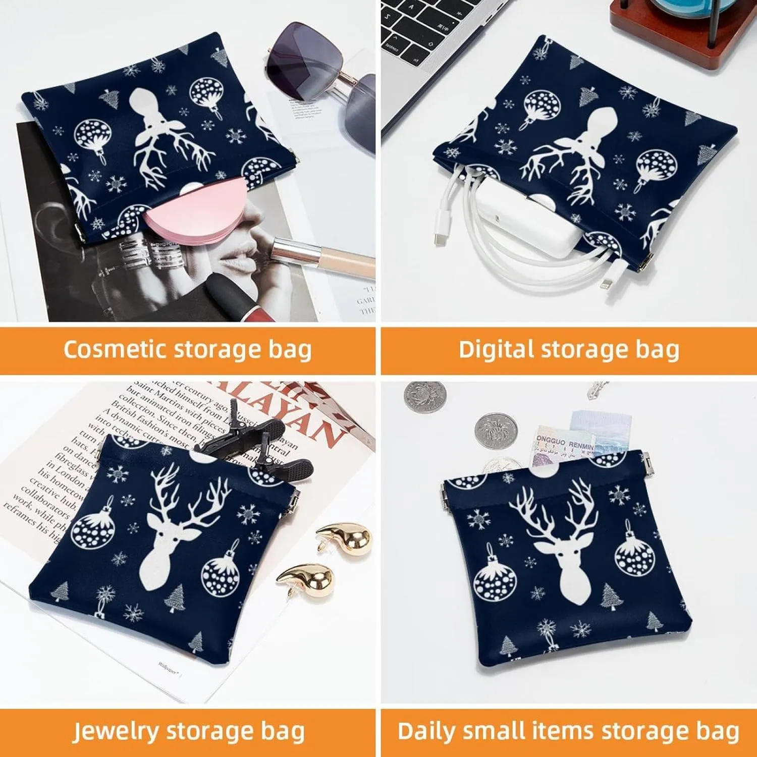 2 Pack Faux Leather Pocket Cosmetic Bag, Small Makeup Pouch for Purse, Self-Closing Pouches for Purse, Travel Makeup Bag for Cosmetics Jewelry, Christmas Snowflake Elk Gift Blue