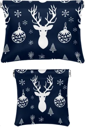 2 Pack Faux Leather Pocket Cosmetic Bag, Small Makeup Pouch for Purse, Self-Closing Pouches for Purse, Travel Makeup Bag for Cosmetics Jewelry, Christmas Snowflake Elk Gift Blue