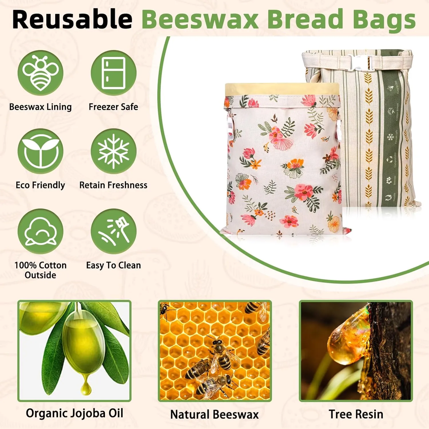 2 Pack Sourdough Beeswax Bread Bags, for Homemade Bread Reusable Cotton Linen Food Storage Bag Bread Proofing Cover (Green)