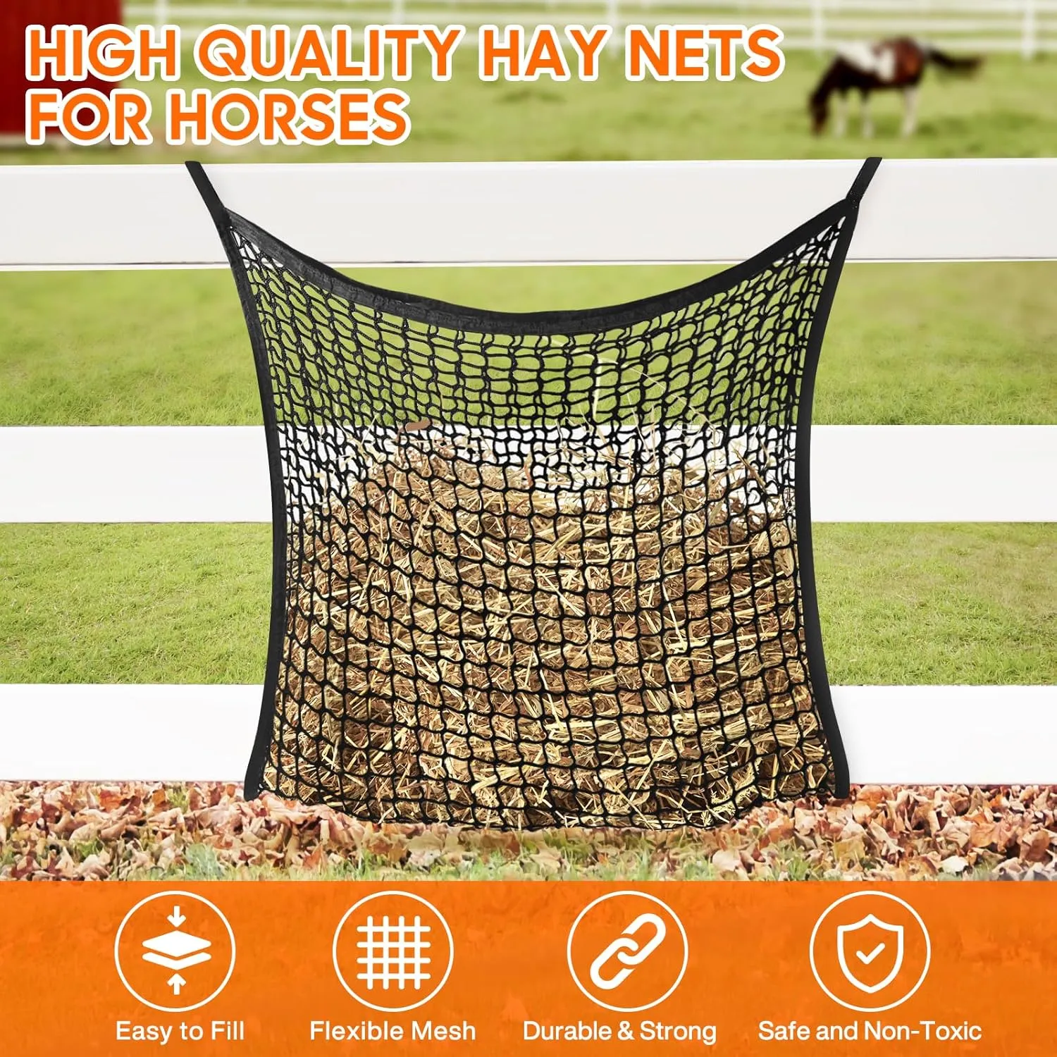 2 PCS Slow Feed Hay Net, Hay Bags for Horses with Large Capacity, Horse Feed Bag Easy to Hang, Hay Nets for Horses for Horse Feeder Full Day Feeding Horses Goat Stall Trailer (31.5" x 35.1")
