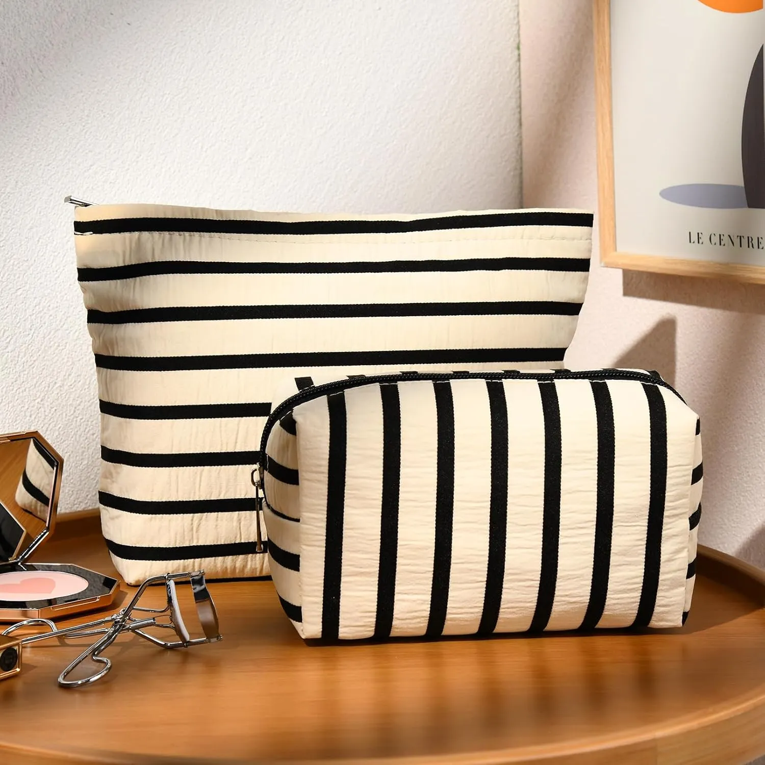 2 Pieces Makeup Bag Large Stripe Cosmetic Bag Capacity Canvas Mix Travel Toiletry Bag Organizer Cute Makeup Brushes Aesthetic Accessories Storage Bag for Women, Stripe Mix White