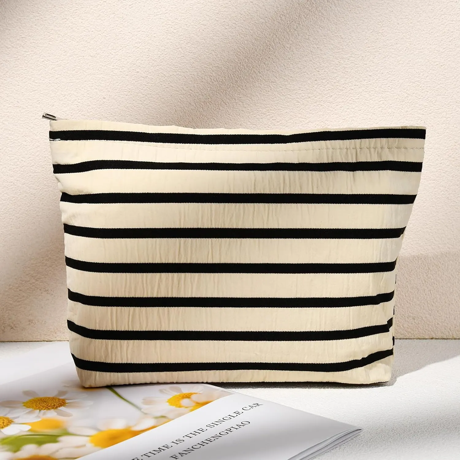 2 Pieces Makeup Bag Large Stripe Cosmetic Bag Capacity Canvas Mix Travel Toiletry Bag Organizer Cute Makeup Brushes Aesthetic Accessories Storage Bag for Women, Stripe Mix White