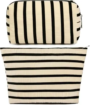 2 Pieces Makeup Bag Large Stripe Cosmetic Bag Capacity Canvas Mix Travel Toiletry Bag Organizer Cute Makeup Brushes Aesthetic Accessories Storage Bag for Women, Stripe Mix White