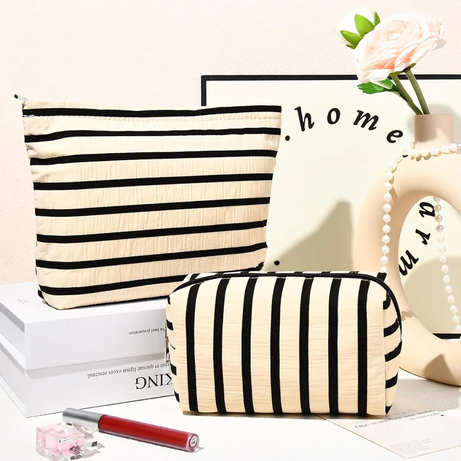 2 Pieces Makeup Bag Large Stripe Cosmetic Bag Capacity Canvas Mix Travel Toiletry Bag Organizer Cute Makeup Brushes Aesthetic Accessories Storage Bag for Women, Stripe Mix White