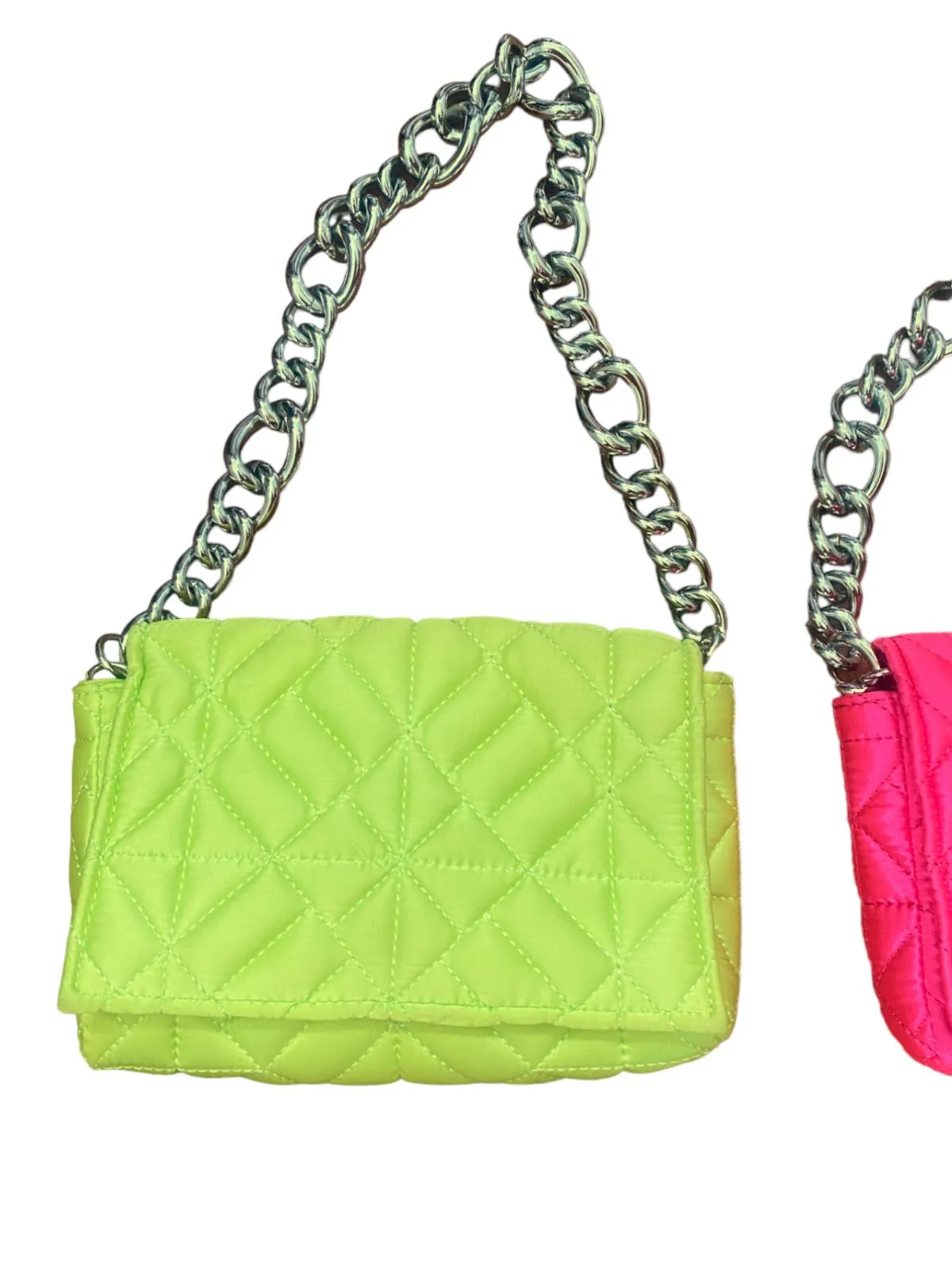 2 x ZARA Neon Quilted Handbags | Yellow & Pink, Fabric, Thick Silver Chain