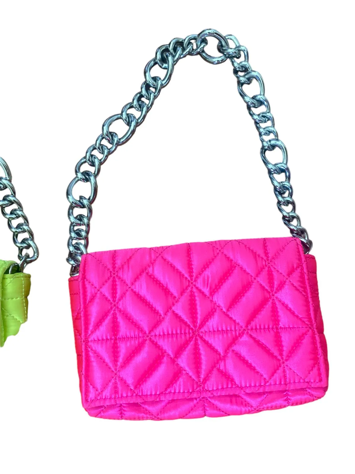 2 x ZARA Neon Quilted Handbags | Yellow & Pink, Fabric, Thick Silver Chain
