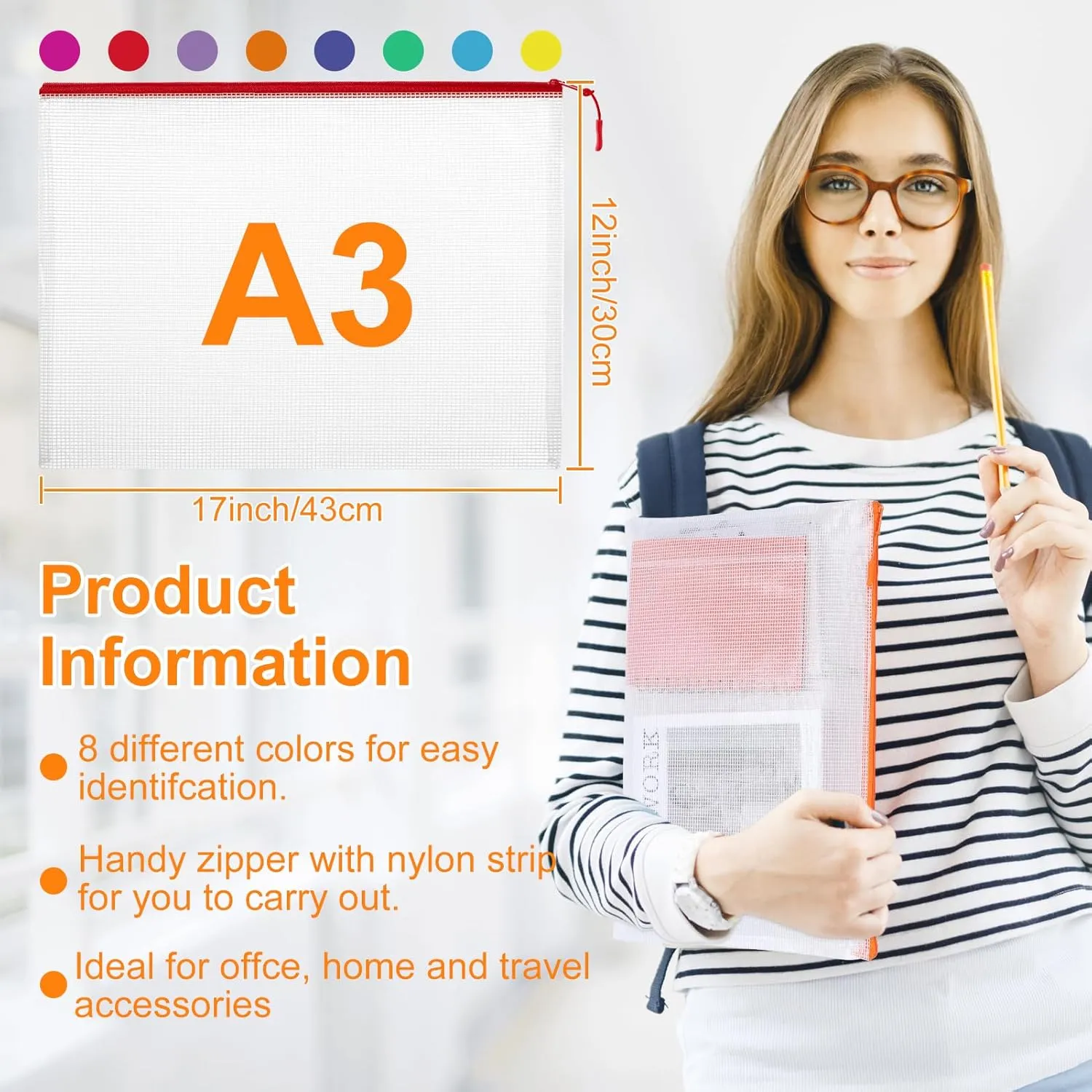 20pcs Plastic Mesh Zipper Pouch Bags, A3 17x12 Inches Extra Large Zipper Bags, Reusable Zipper Pouches for Classroom Office Supplies Organizing, Puzzles & Games, Board Game Organization