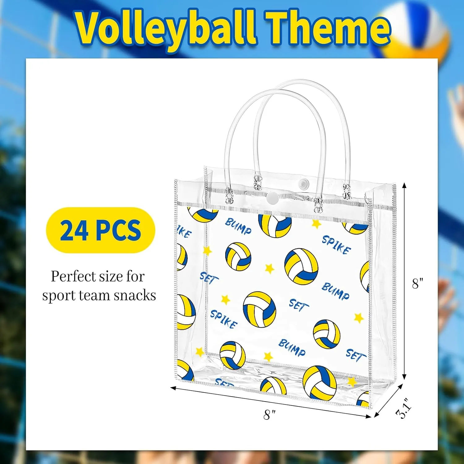 24 Pack Volleyball Clear Gift Bags with Handles, Plastic Snack Bags Goodie Bag Bulk for Sport Team & Volleyball Themed Party (8 x 8 x 3.1 Inches)