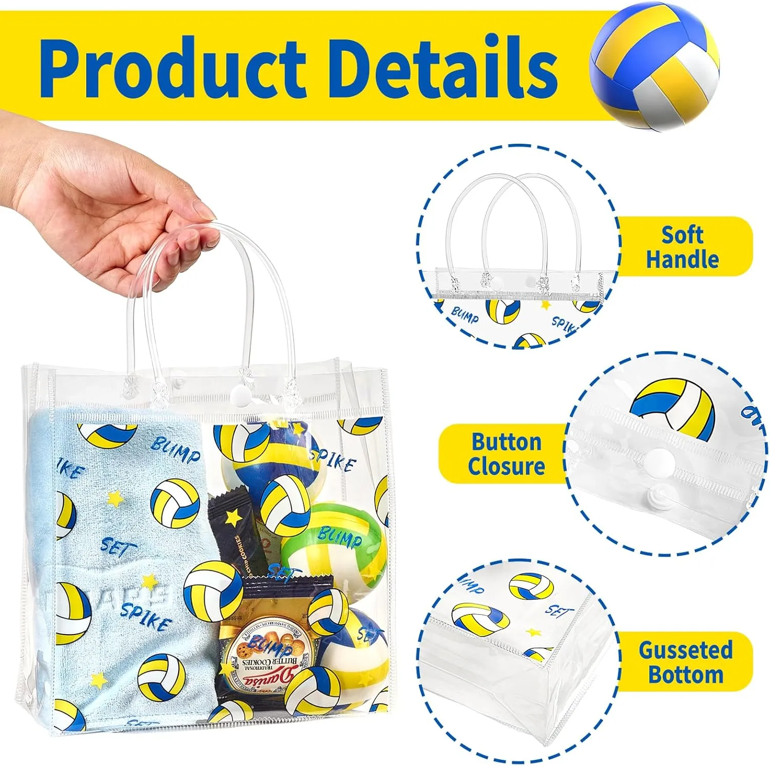 24 Pack Volleyball Clear Gift Bags with Handles, Plastic Snack Bags Goodie Bag Bulk for Sport Team & Volleyball Themed Party (8 x 8 x 3.1 Inches)