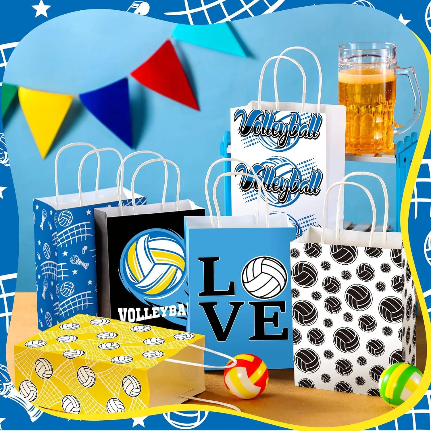 24 Pcs Volleyball Goodie Gift Bags with Handle Volleyball Themed Party Decorations Portable Gift Wrapping Paper Treat Bags for Kids Sport Birthday Party Supplies