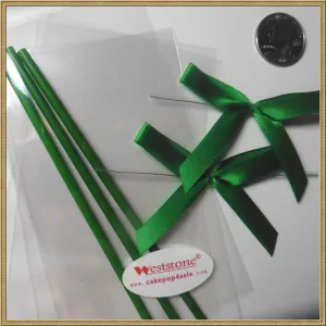 25pcs 6" Lollipop Stick, 25 pcs Poly Bag, 25pcs Pre tied ribbon bows for cake pops - Green