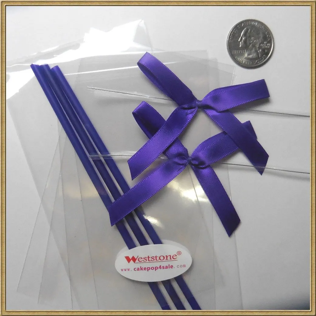 25pcs 6" Lollipop Stick, 25 pcs Poly Bag, 25pcs Pre tied ribbon bows for cake pops - Purple