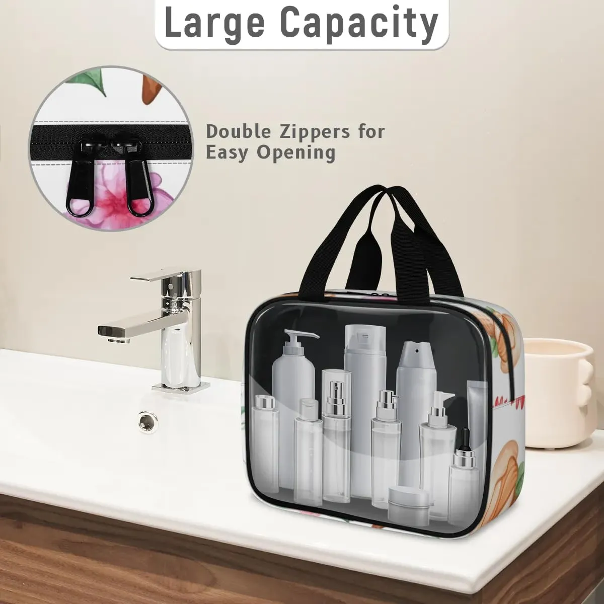 3 PCS Travel Makeup Bag Set Flowers Ice Cream Translucent Cosmetic Bags Portable Toiletry Bag for Women Makeup & Skincare Storage for Travel & Daily Use