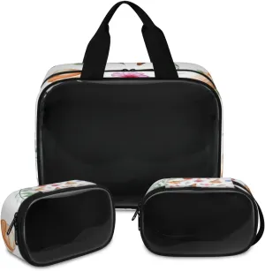3 PCS Travel Makeup Bag Set Flowers Ice Cream Translucent Cosmetic Bags Portable Toiletry Bag for Women Makeup & Skincare Storage for Travel & Daily Use