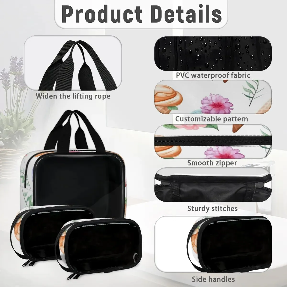 3 PCS Travel Makeup Bag Set Flowers Ice Cream Translucent Cosmetic Bags Portable Toiletry Bag for Women Makeup & Skincare Storage for Travel & Daily Use