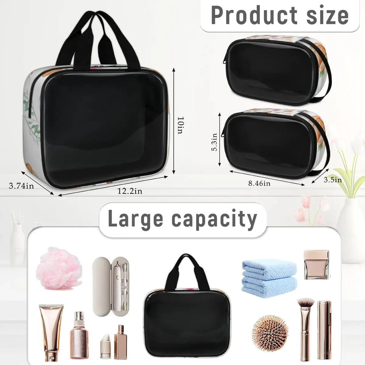 3 PCS Travel Makeup Bag Set Flowers Ice Cream Translucent Cosmetic Bags Portable Toiletry Bag for Women Makeup & Skincare Storage for Travel & Daily Use