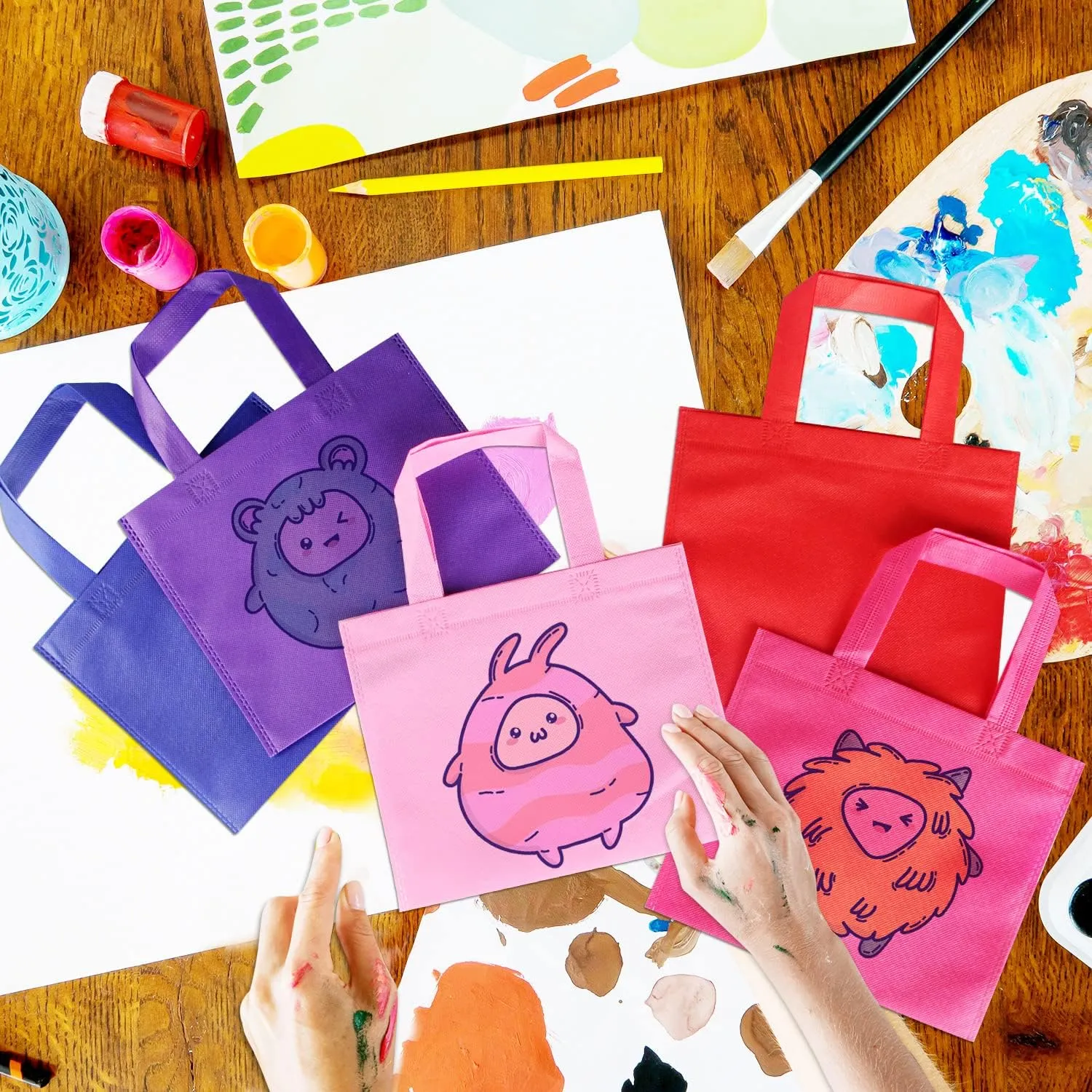 30 Pack Non Woven Party Favor Bags, 9.8'' Small Reusable Kids Tote Bags with Handles, Rainbow Party Favor Goodie Bags for Kids Birthday