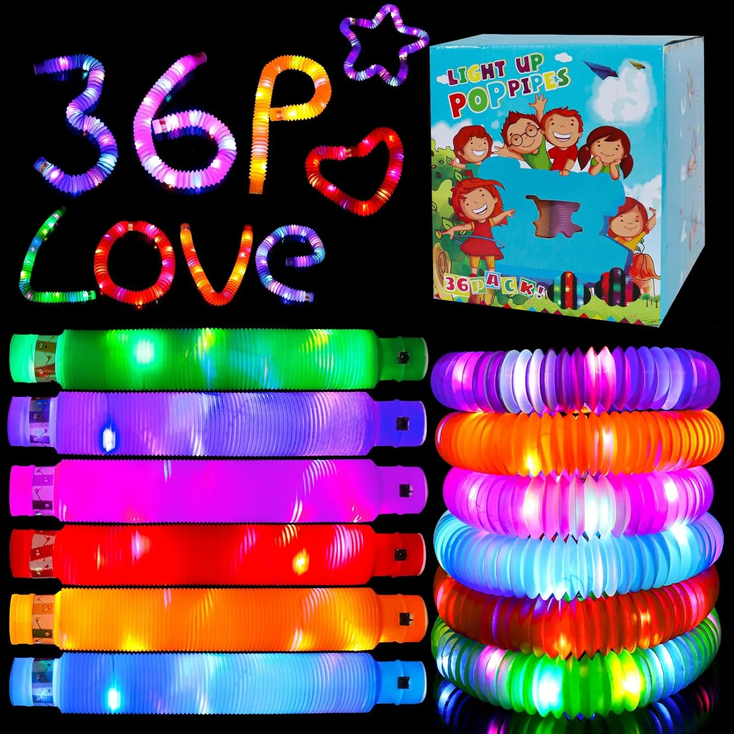 36 Pack Glow Sticks Party Favors Light Up Pop tubes Sensory Toys LED Glow Necklaces Bracelets Birthday Goodie Bag Stuffers Classroom Prizes Gifts for Boys Girls Toddlers Halloween Easter Gift