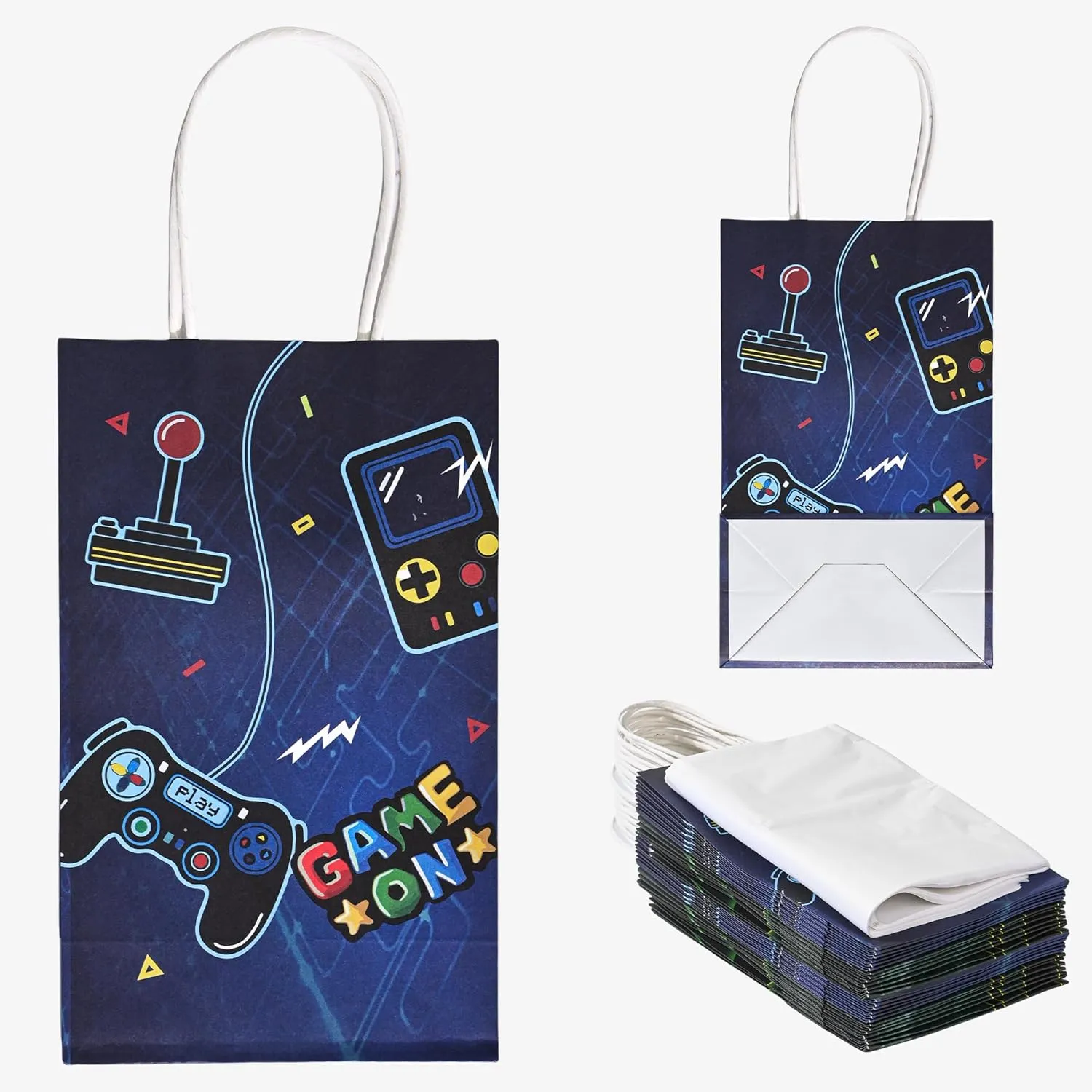 36 Pack Small Video Game Gamer Themed Party Gift Bags with Handles and White Tissue Paper for Boys Girls Kids Gaming Birthday Party Favors Treats Goodies, 9x5.5x3.15 Inch (2 Assorted Designs)