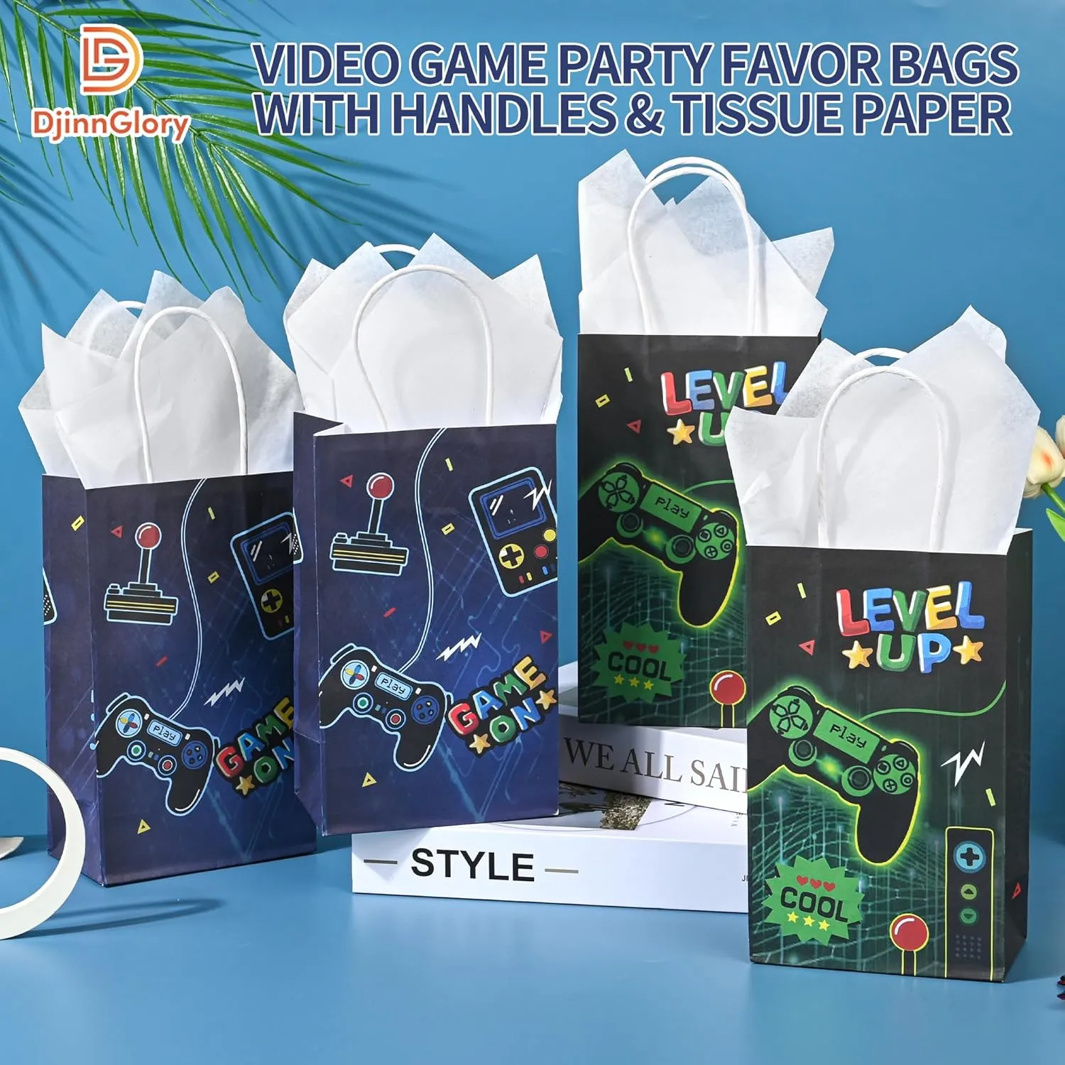 36 Pack Small Video Game Gamer Themed Party Gift Bags with Handles and White Tissue Paper for Boys Girls Kids Gaming Birthday Party Favors Treats Goodies, 9x5.5x3.15 Inch (2 Assorted Designs)