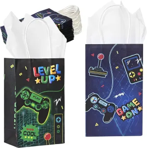 36 Pack Small Video Game Gamer Themed Party Gift Bags with Handles and White Tissue Paper for Boys Girls Kids Gaming Birthday Party Favors Treats Goodies, 9x5.5x3.15 Inch (2 Assorted Designs)