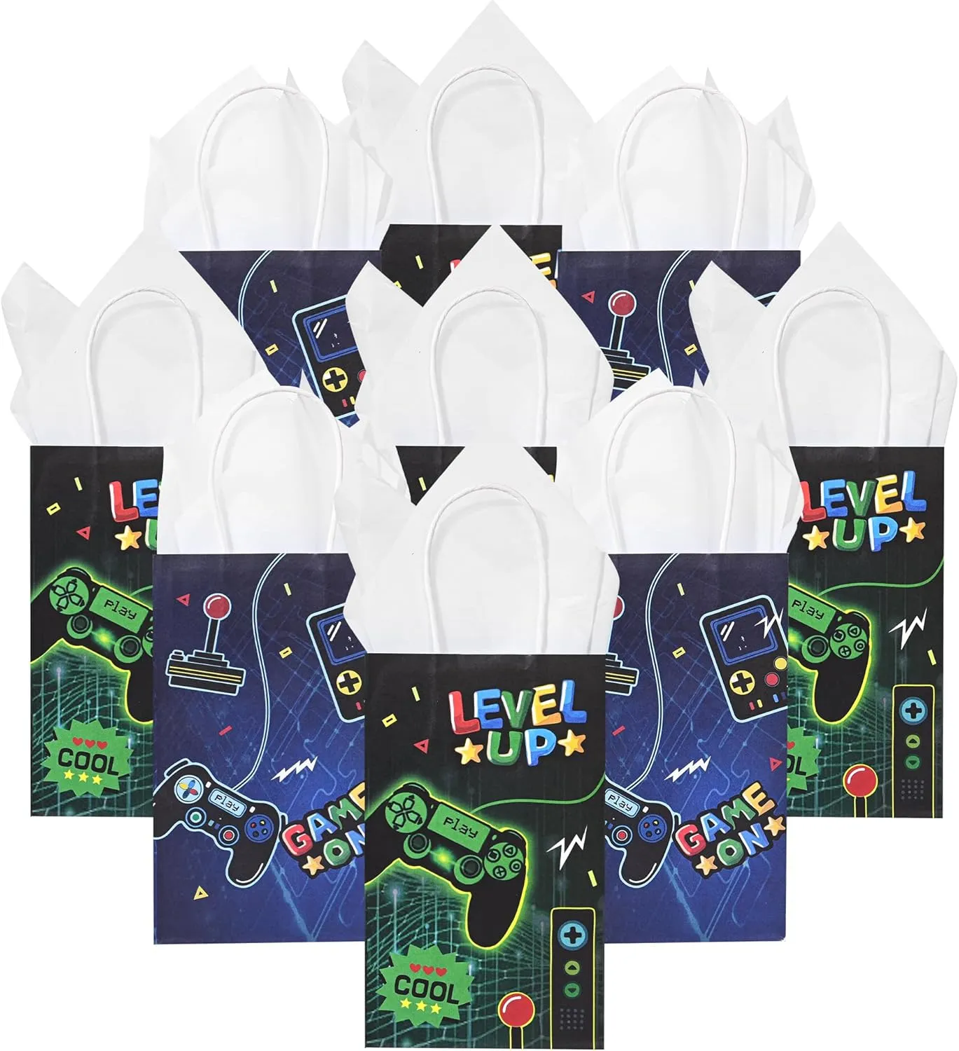 36 Pack Small Video Game Gamer Themed Party Gift Bags with Handles and White Tissue Paper for Boys Girls Kids Gaming Birthday Party Favors Treats Goodies, 9x5.5x3.15 Inch (2 Assorted Designs)
