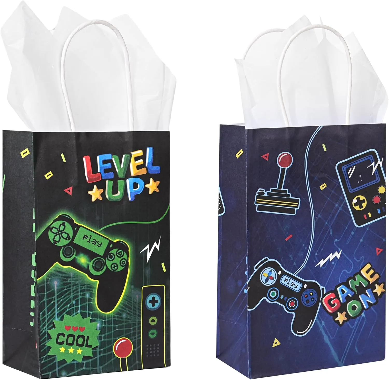 36 Pack Small Video Game Gamer Themed Party Gift Bags with Handles and White Tissue Paper for Boys Girls Kids Gaming Birthday Party Favors Treats Goodies, 9x5.5x3.15 Inch (2 Assorted Designs)