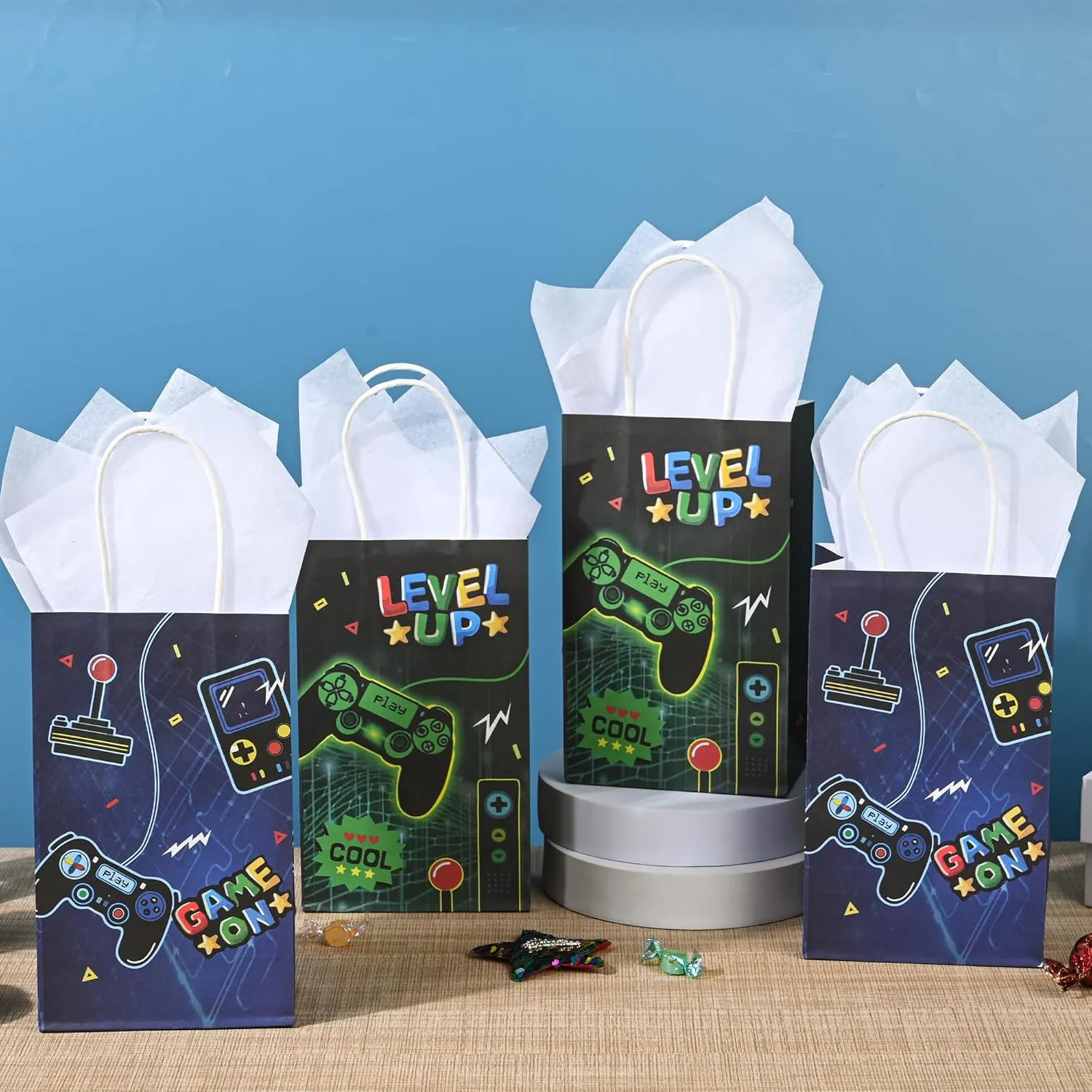 36 Pack Small Video Game Gamer Themed Party Gift Bags with Handles and White Tissue Paper for Boys Girls Kids Gaming Birthday Party Favors Treats Goodies, 9x5.5x3.15 Inch (2 Assorted Designs)