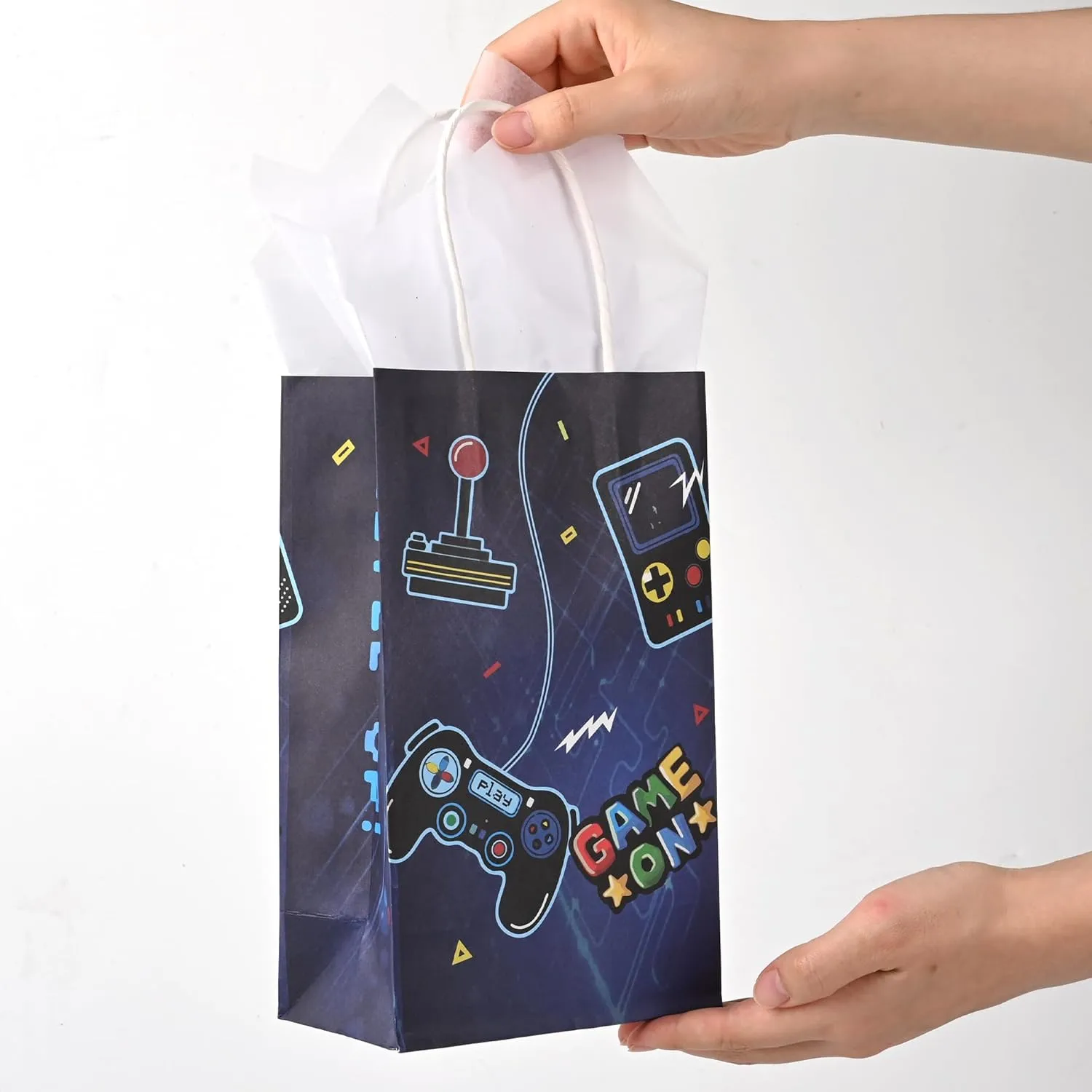 36 Pack Small Video Game Gamer Themed Party Gift Bags with Handles and White Tissue Paper for Boys Girls Kids Gaming Birthday Party Favors Treats Goodies, 9x5.5x3.15 Inch (2 Assorted Designs)