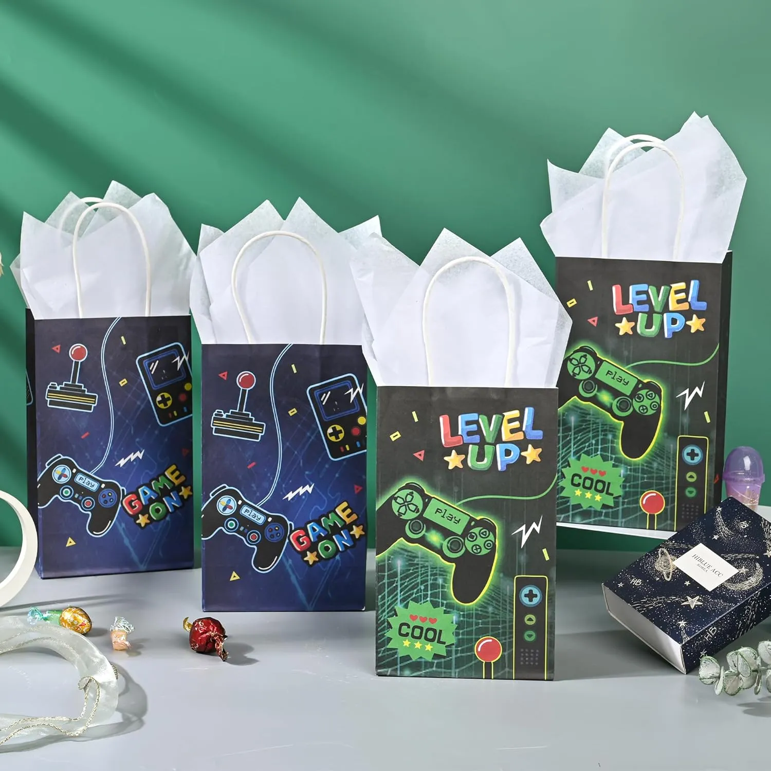 36 Pack Small Video Game Gamer Themed Party Gift Bags with Handles and White Tissue Paper for Boys Girls Kids Gaming Birthday Party Favors Treats Goodies, 9x5.5x3.15 Inch (2 Assorted Designs)