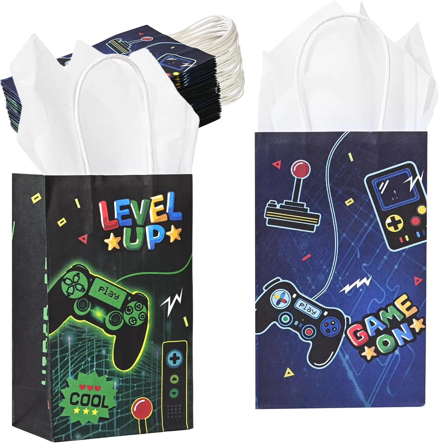 36 Pack Small Video Game Gamer Themed Party Gift Bags with Handles and White Tissue Paper for Boys Girls Kids Gaming Birthday Party Favors Treats Goodies, 9x5.5x3.15 Inch (2 Assorted Designs)