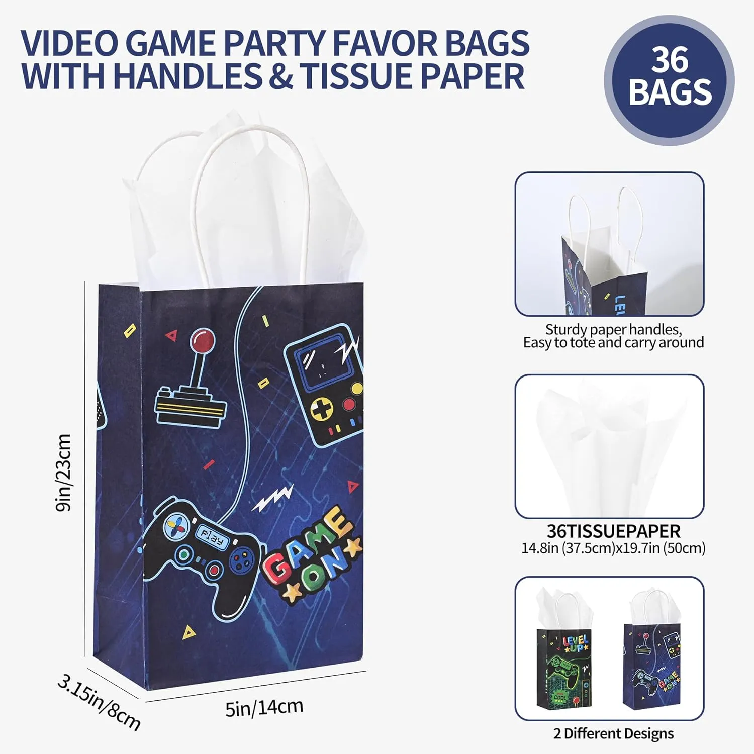 36 Pack Small Video Game Gamer Themed Party Gift Bags with Handles and White Tissue Paper for Boys Girls Kids Gaming Birthday Party Favors Treats Goodies, 9x5.5x3.15 Inch (2 Assorted Designs)