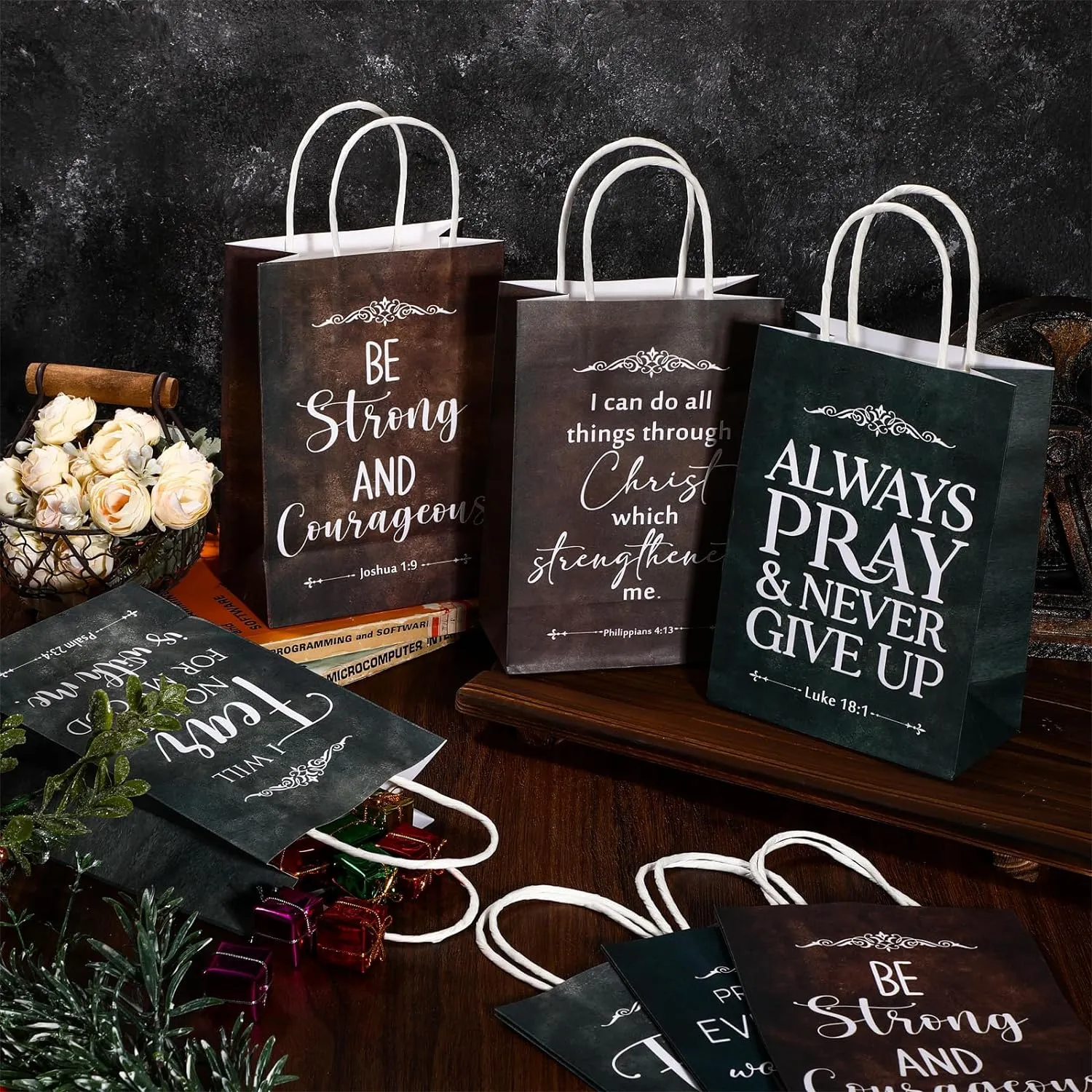 36 Pcs Christian Gift Paper Bags Bulk Religious Bible Verse Treat Bags with Handles Sunday School Inspirational Gifts for Women Church Welcome Visitors Baptism Party Supplies