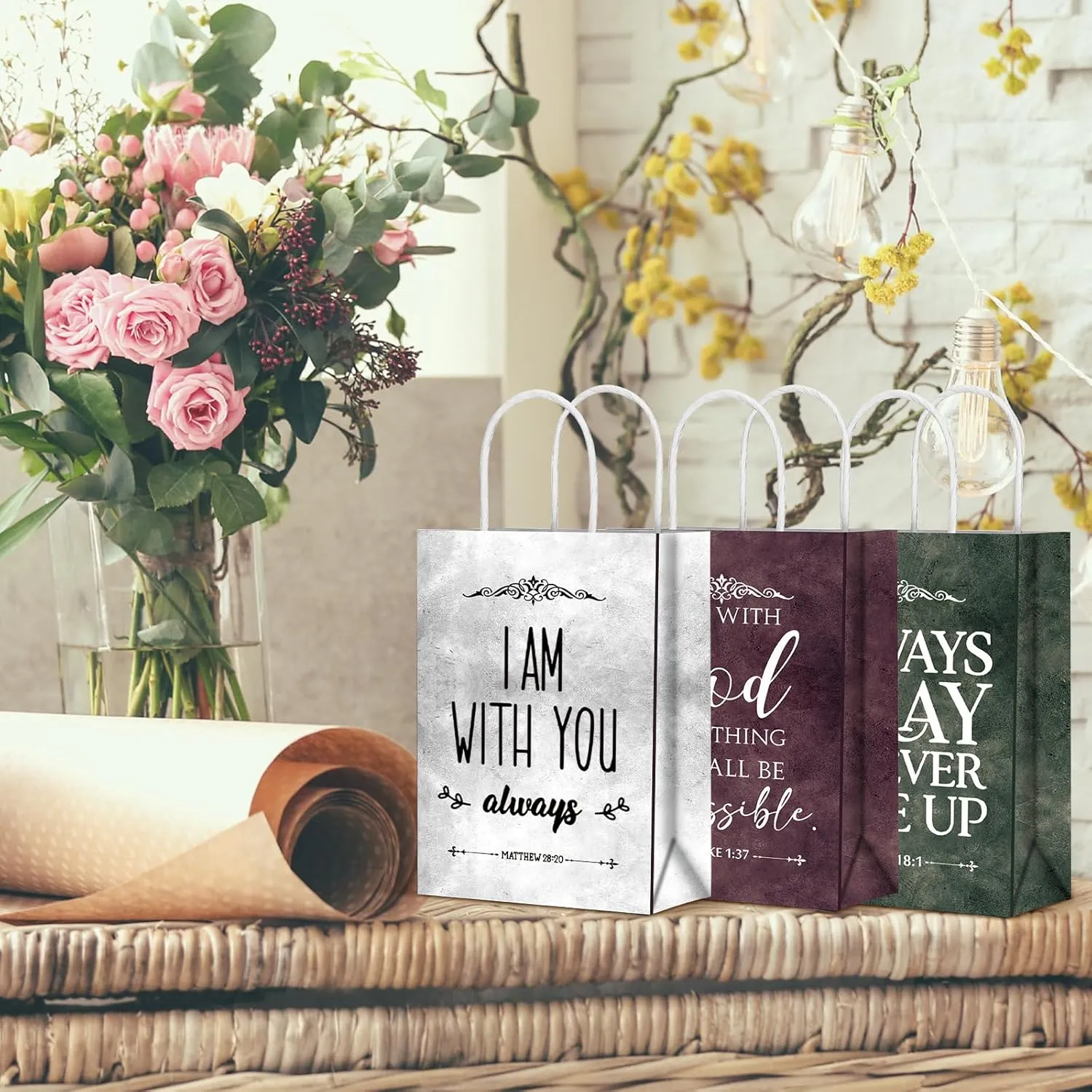 36 Pcs Christian Gift Paper Bags Bulk Religious Bible Verse Treat Bags with Handles Sunday School Inspirational Gifts for Women Church Welcome Visitors Baptism Party Supplies
